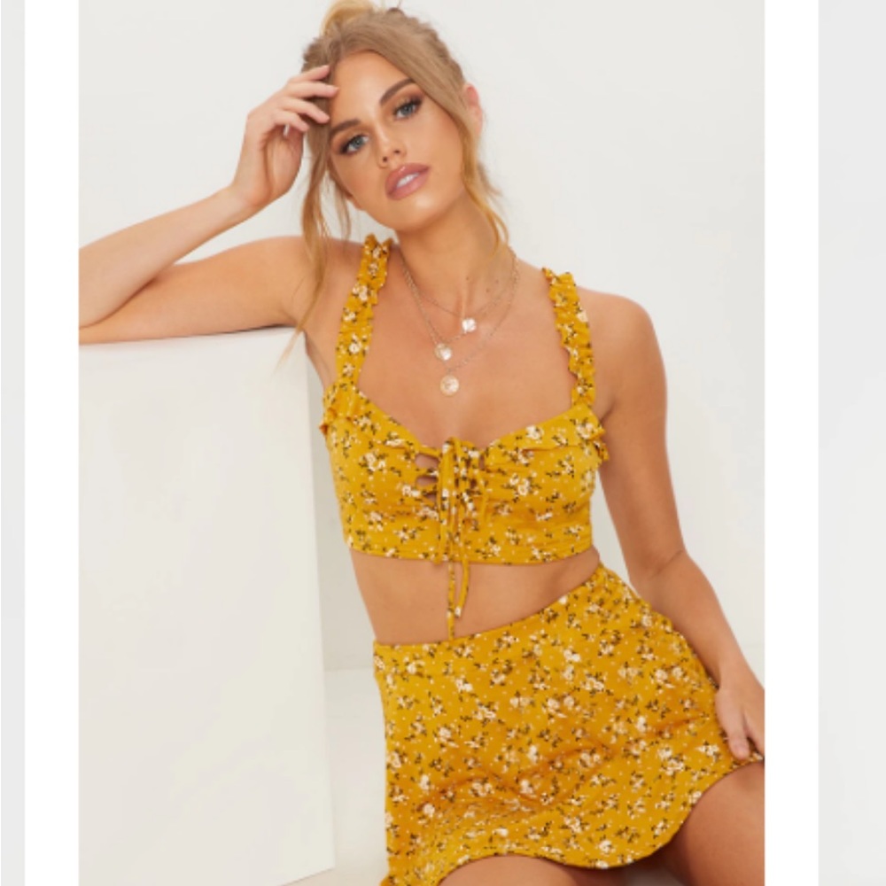 PRETTYLITTLETHING Mustard Ditsy Floral Frill Detail Crop Top and Skirt